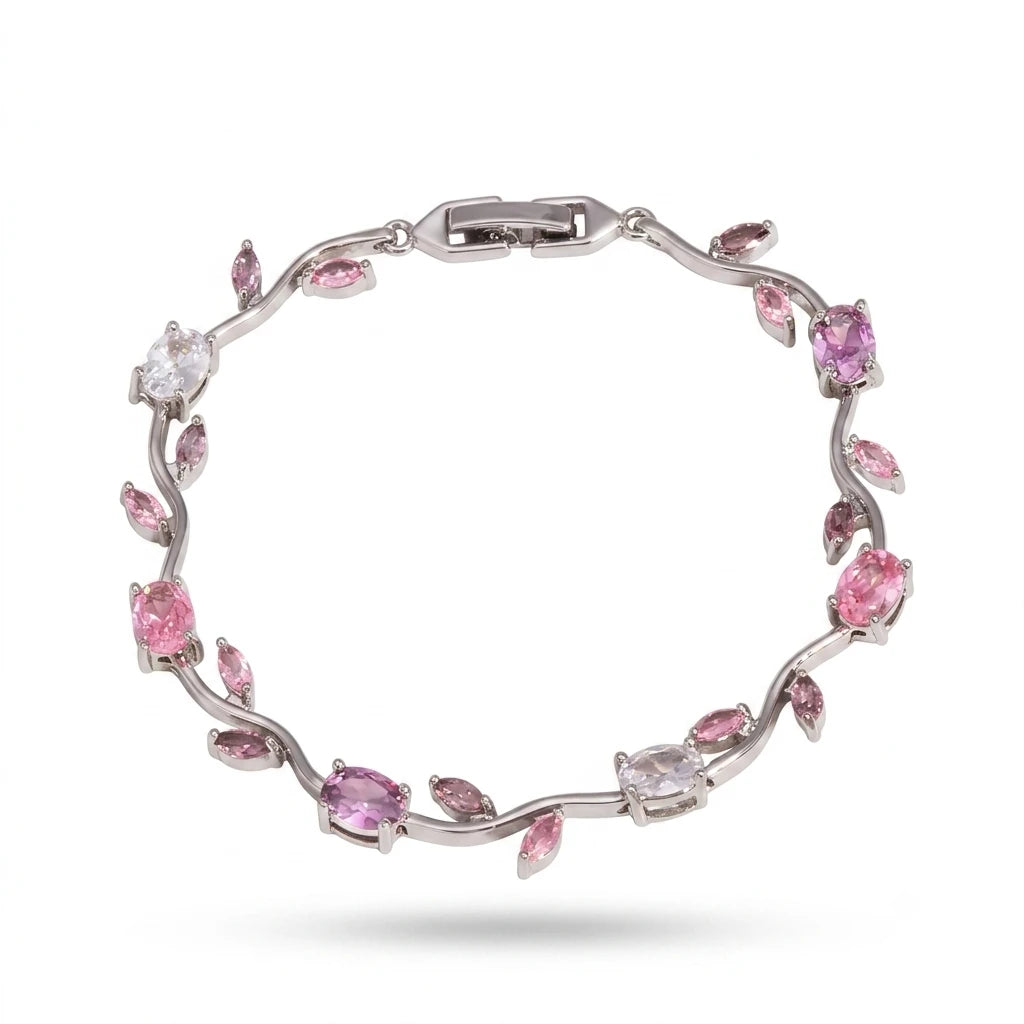 AARNIKAA Silver Plated Tulip Bracelet with Pink Stones | Anti-Tarnish Floral Jewelry for Women