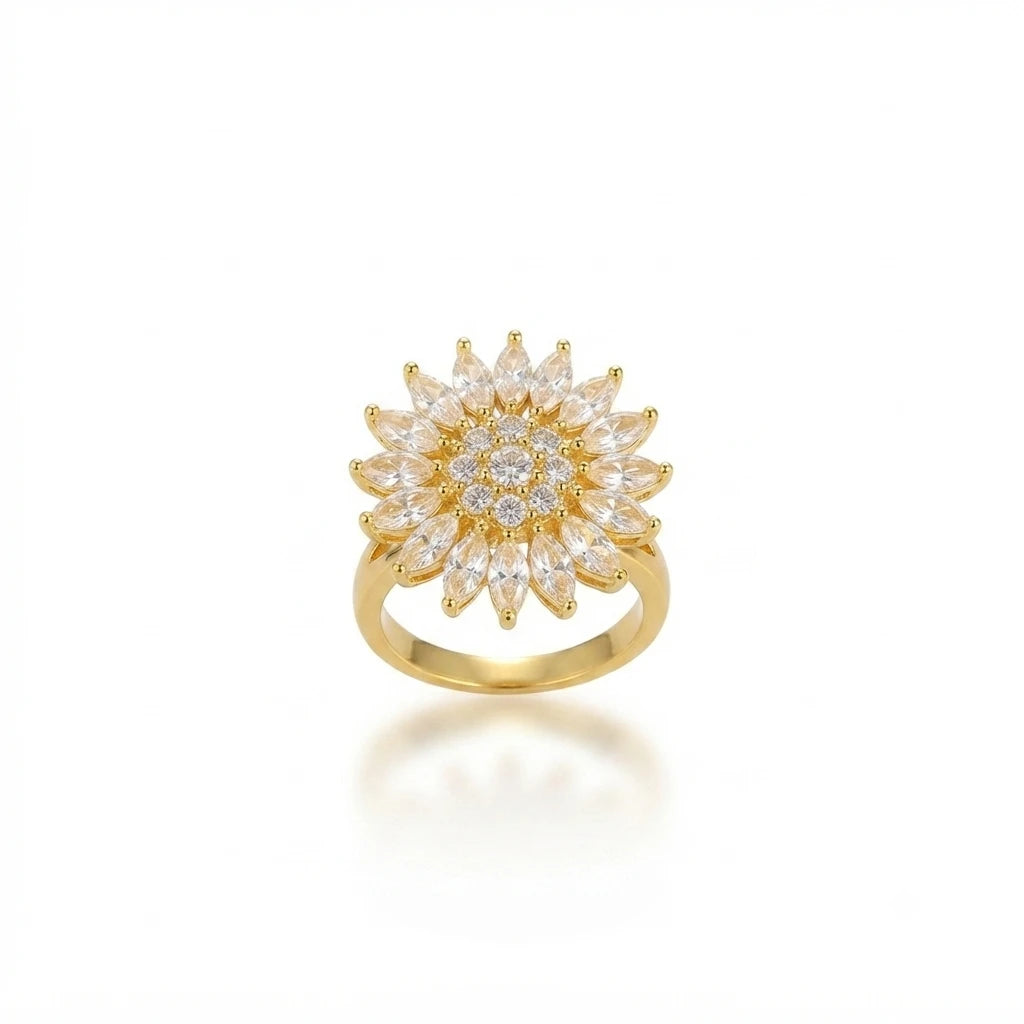 Aarnikaa Radiant Sunflower Gold Plated Statement Crystal Ring
