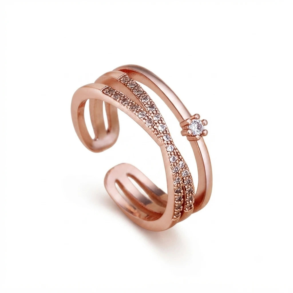 Aarnikaa Rose Gold Plated Adjustable Layered Crystal Ring