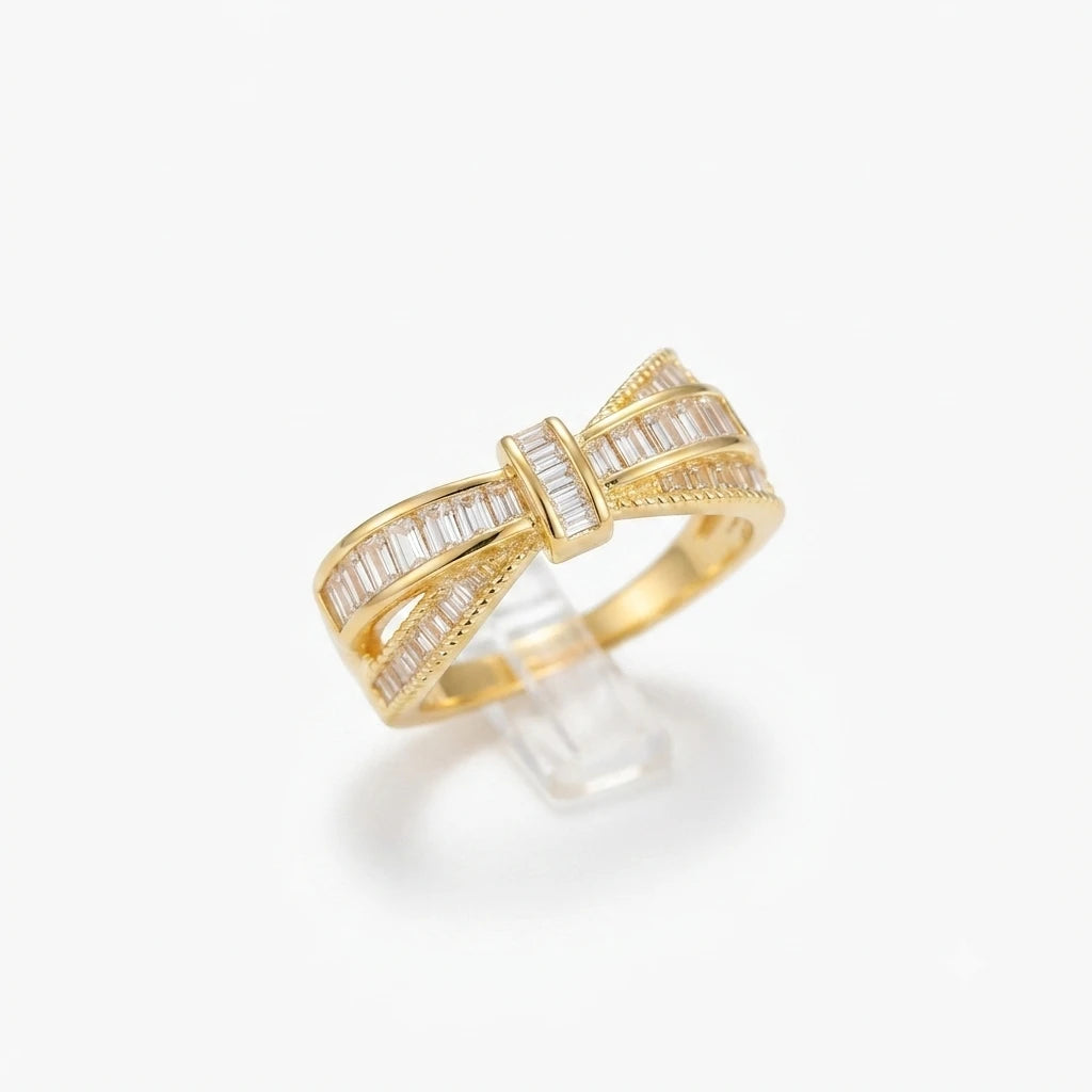 Aarnikaa Elegant Bow-Shaped Gold Plated Baguette Crystal Ring