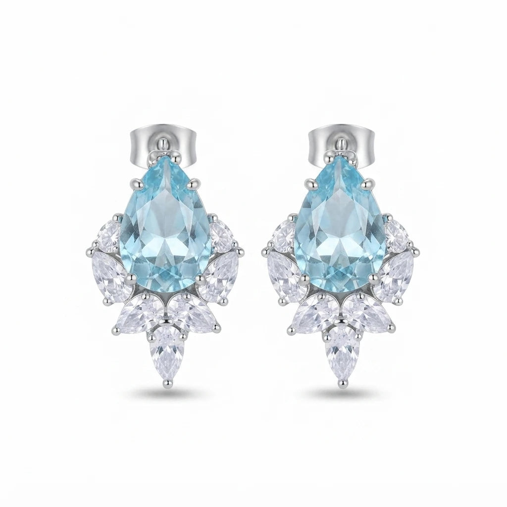 AARNIKAA Premium Aqua Blue Crystal Floral Stud Earrings | Luxury Statement Jewelry
