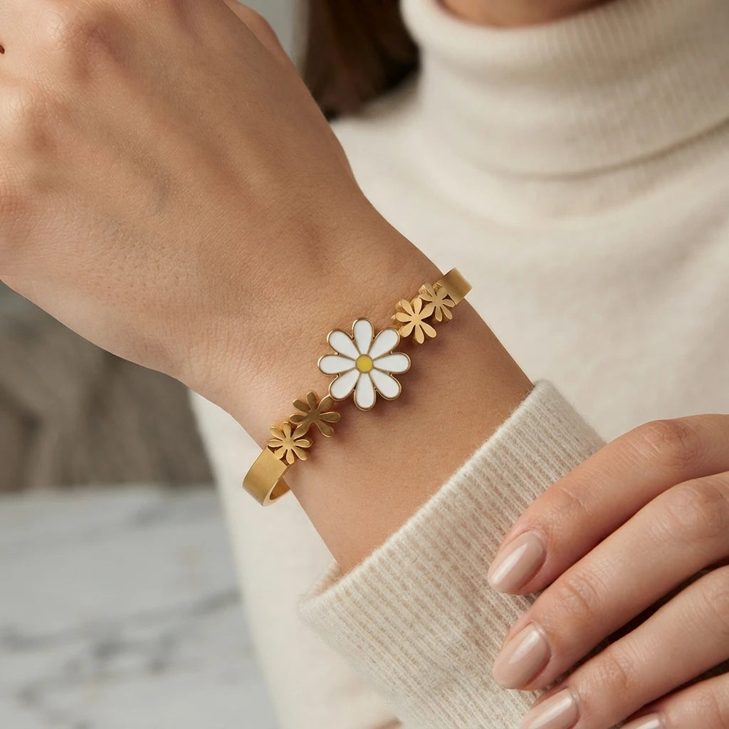 Dainty Daisy Floral Cuff Bracelet - Gold-Plated Enamel Flower Jewelry for Women