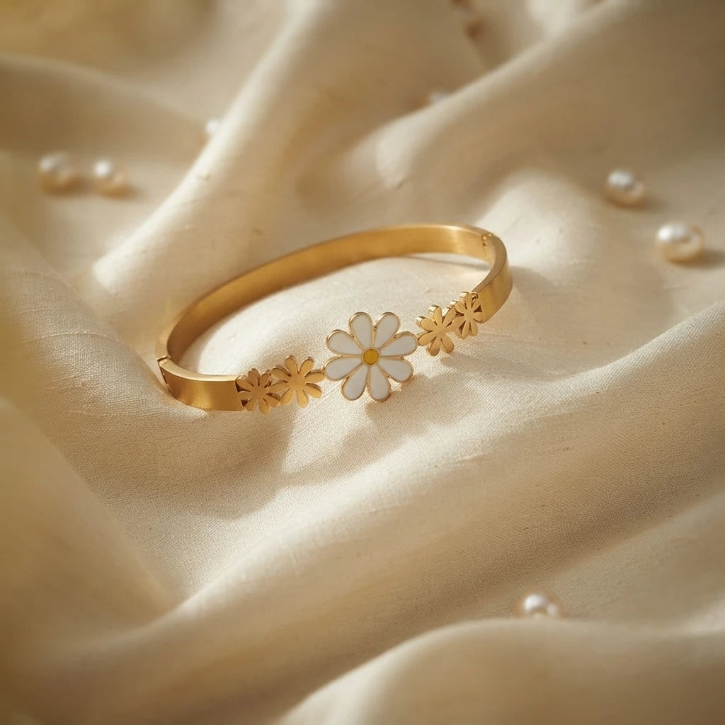 Dainty Daisy Floral Cuff Bracelet - Gold-Plated Enamel Flower Jewelry for Women