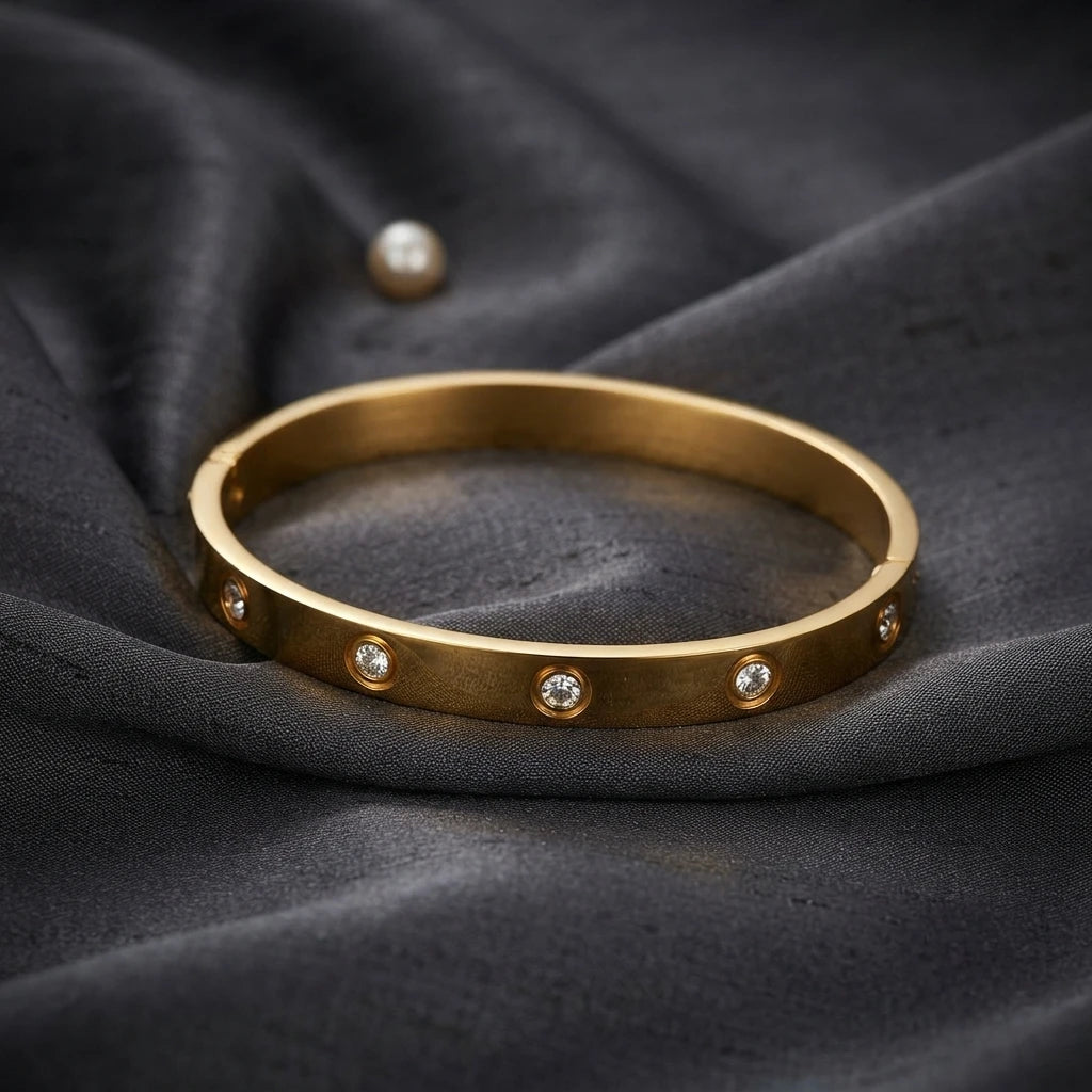 Classic Gold-Plated Bangle Bracelet with Stone Accents - Elegant Minimalist Jewelry