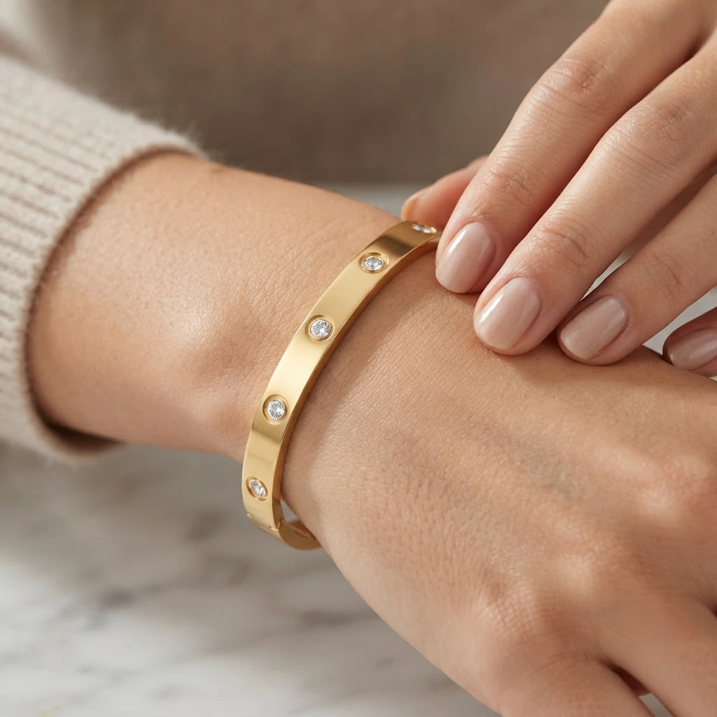 Classic Gold-Plated Bangle Bracelet with Stone Accents - Elegant Minimalist Jewelry