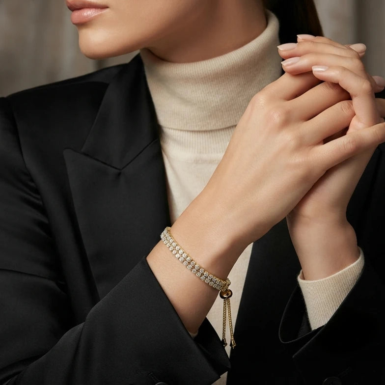 Elegant Double-Row Cubic Zirconia Tennis Bracelet - Adjustable Gold-Plated Jewelry