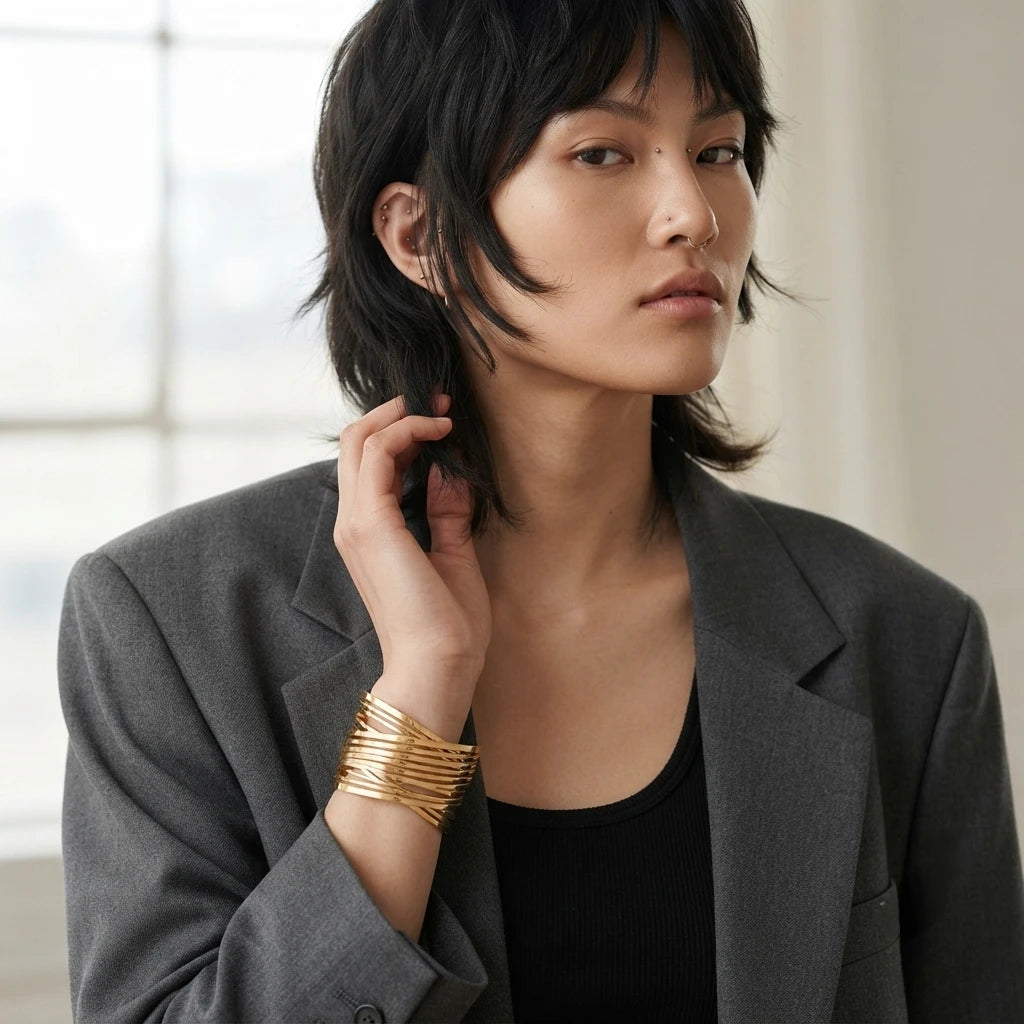 Modern Multi-Layer Gold Cuff Bracelet - Stacked Wire Statement Hand Jewelry