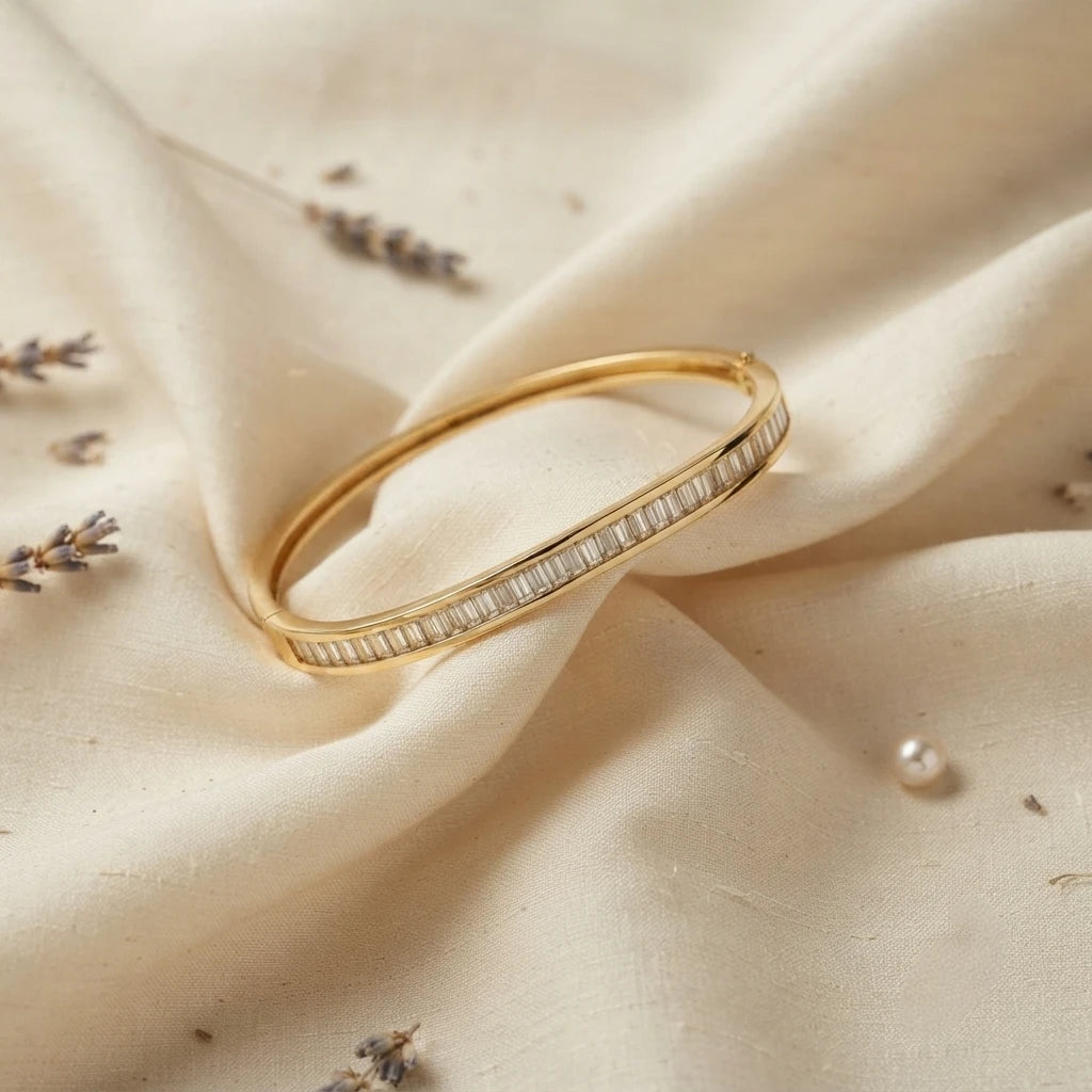 Minimalist Gold-Plated Baguette Crystal Bangle Bracelet - Slim Stackable Jewelry