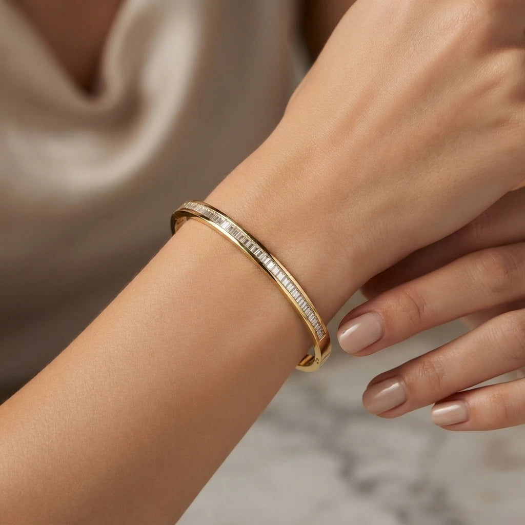 Minimalist Gold-Plated Baguette Crystal Bangle Bracelet - Slim Stackable Jewelry