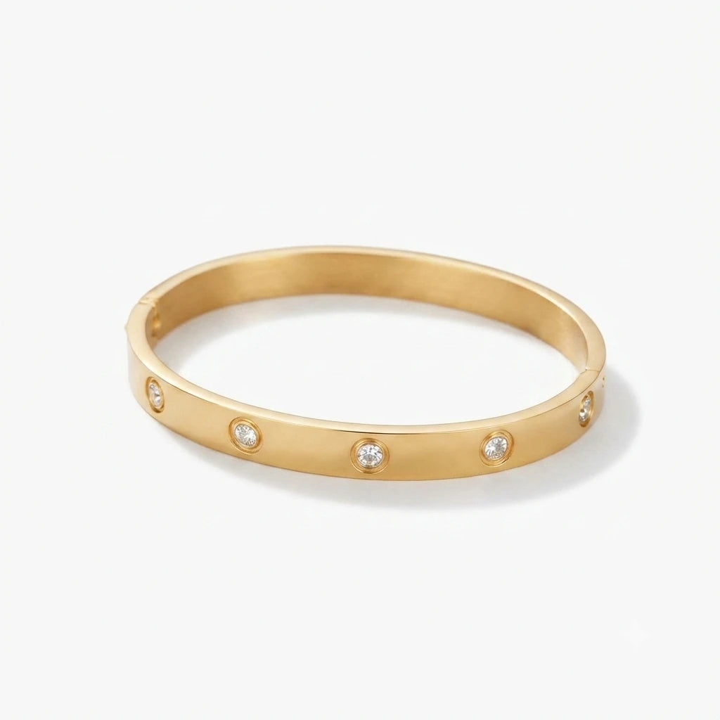 Classic Gold-Plated Bangle Bracelet with Stone Accents - Elegant Minimalist Jewelry