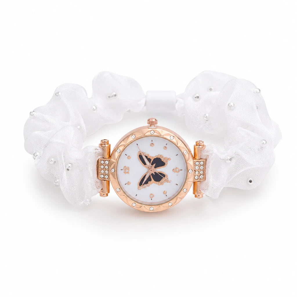 Butterfly Charm Floral Scrunchie Bracelet for Women | Elegant Rose Gold Fashion Bracelet