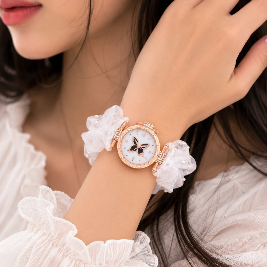 Butterfly Charm Floral Scrunchie Bracelet for Women | Elegant Rose Gold Fashion Bracelet