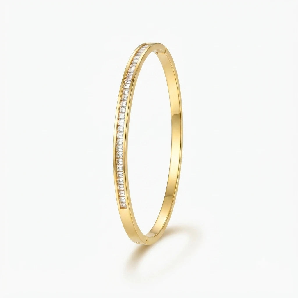 Minimalist Gold-Plated Baguette Crystal Bangle Bracelet - Slim Stackable Jewelry