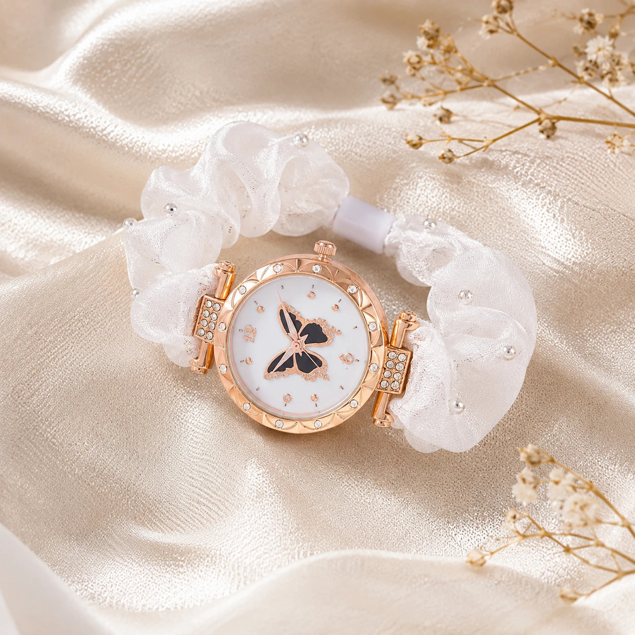 Butterfly Charm Floral Scrunchie Bracelet for Women | Elegant Rose Gold Fashion Bracelet