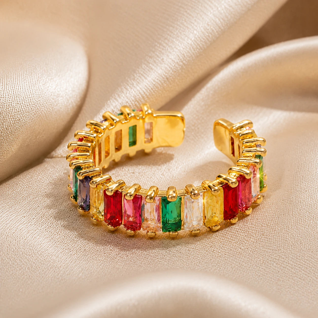 AARNIKAA Multicolor Baguette Stone Band Ring | Gold Plated Adjustable Anti-Tarnish Ring