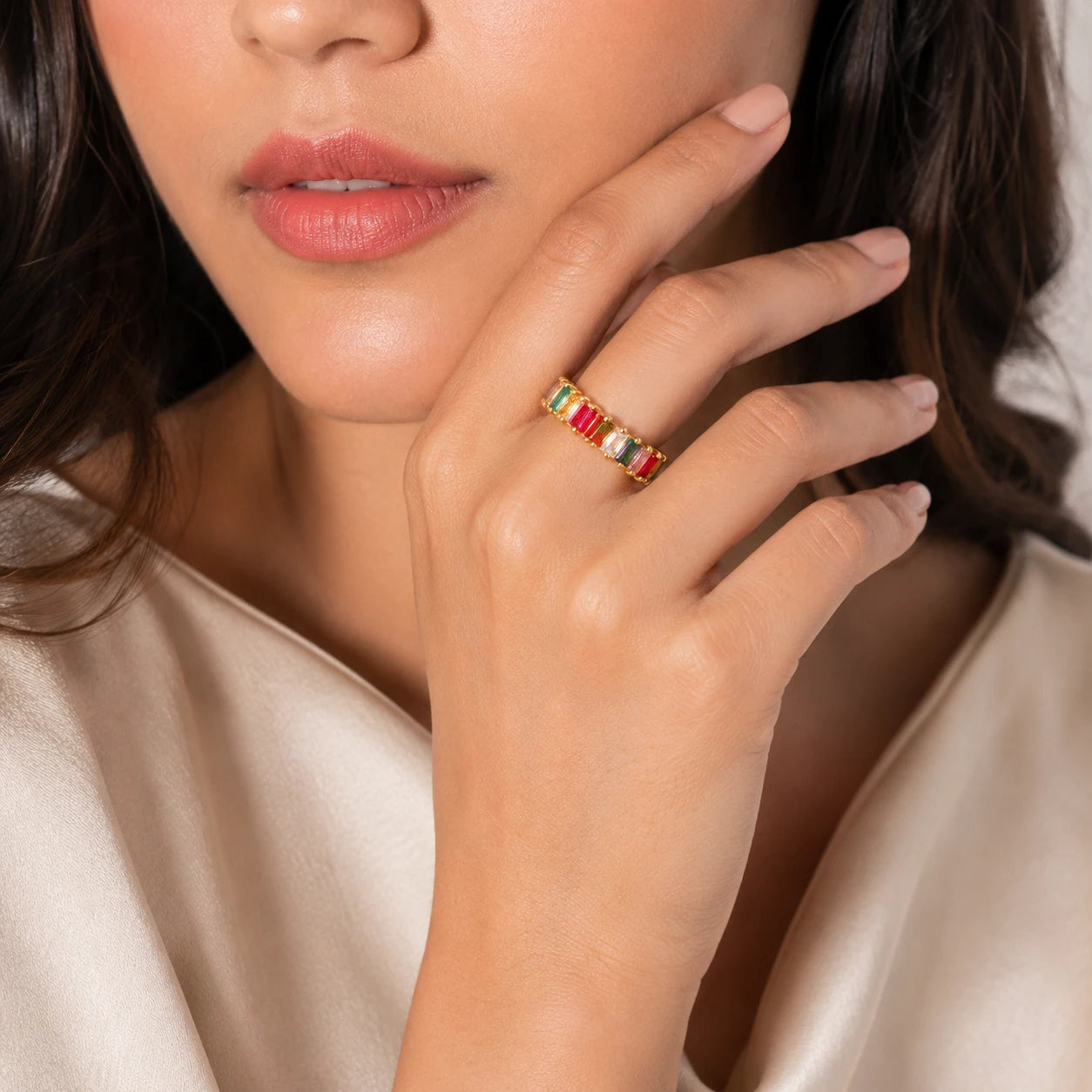 AARNIKAA Multicolor Baguette Stone Band Ring | Gold Plated Adjustable Anti-Tarnish Ring