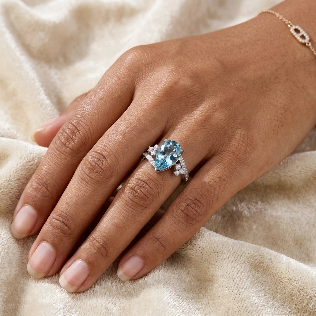 AARNIKAA Pear-Shaped Blue Stone Ring | Elegant Silver-Plated Statement Ring for Women