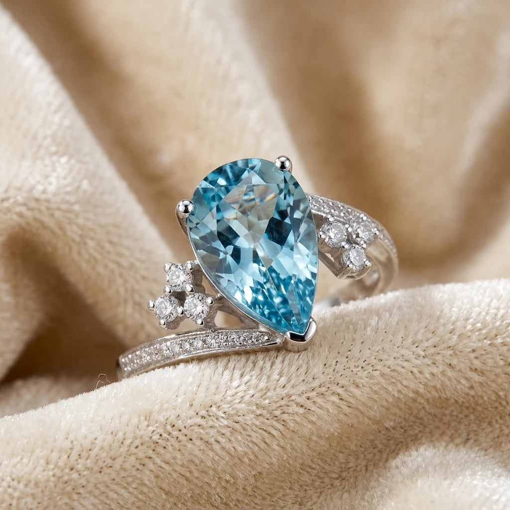 AARNIKAA Pear-Shaped Blue Stone Ring | Elegant Silver-Plated Statement Ring for Women