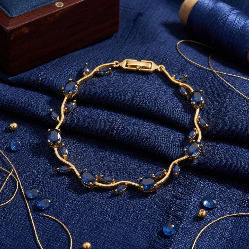 AARNIKAA Gold Plated Tulip Bracelet with Navy Blue Stones | Anti-Tarnish Floral Jewelry for Women