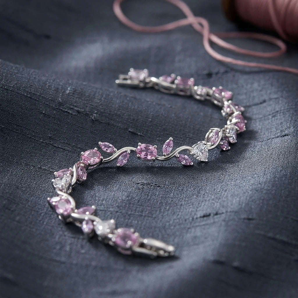 AARNIKAA Silver Plated Tulip Bracelet with Pink Stones | Anti-Tarnish Floral Jewelry for Women