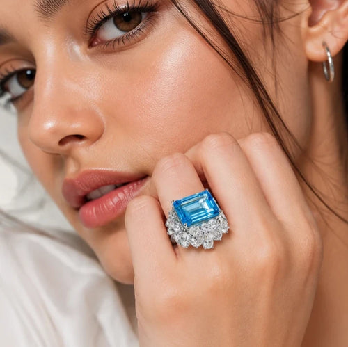 AARNIKAA Emerald-Cut Blue Stone Band Ring | Silver Plated Anti-Tarnish Contemporary Jewelry