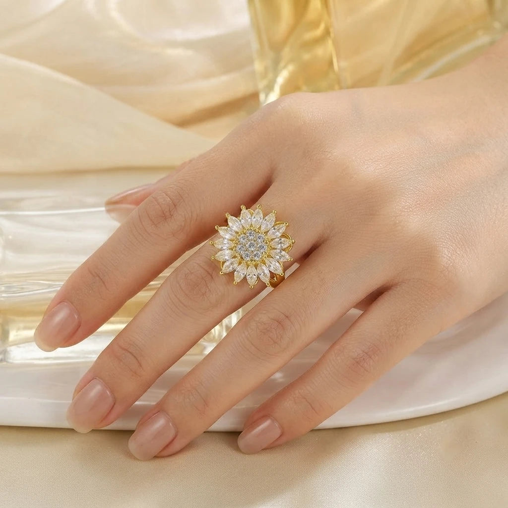 Aarnikaa Radiant Sunflower Gold Plated Statement Crystal Ring