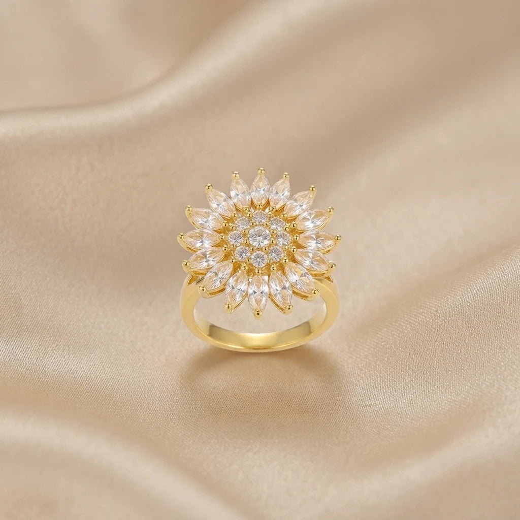 Aarnikaa Radiant Sunflower Gold Plated Statement Crystal Ring