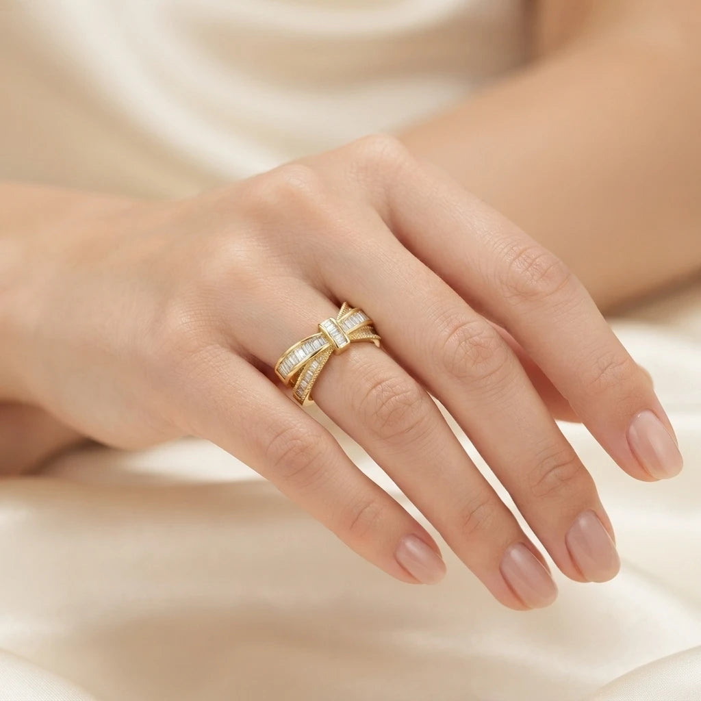 Aarnikaa Elegant Bow-Shaped Gold Plated Baguette Crystal Ring