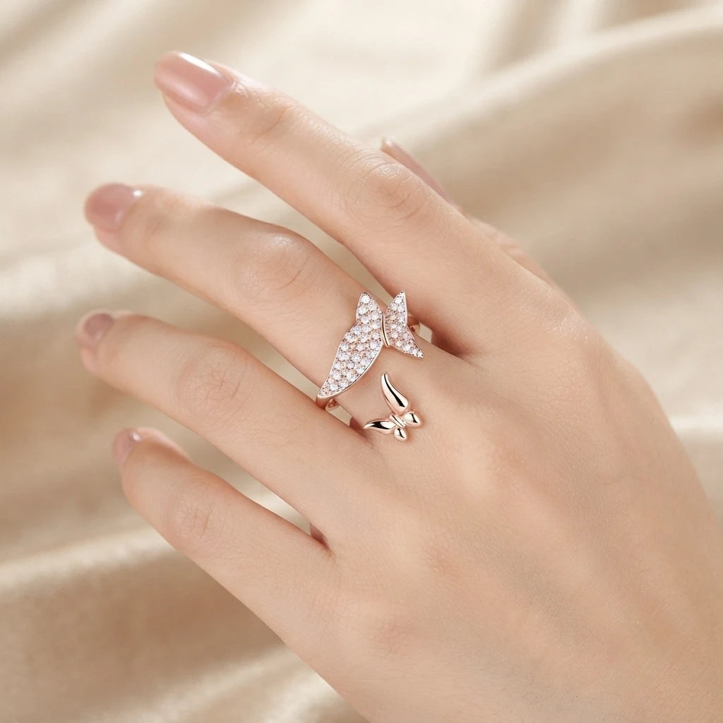 Aarnikaa Delicate Rose Gold Plated Butterfly Crystal Adjustable Ring