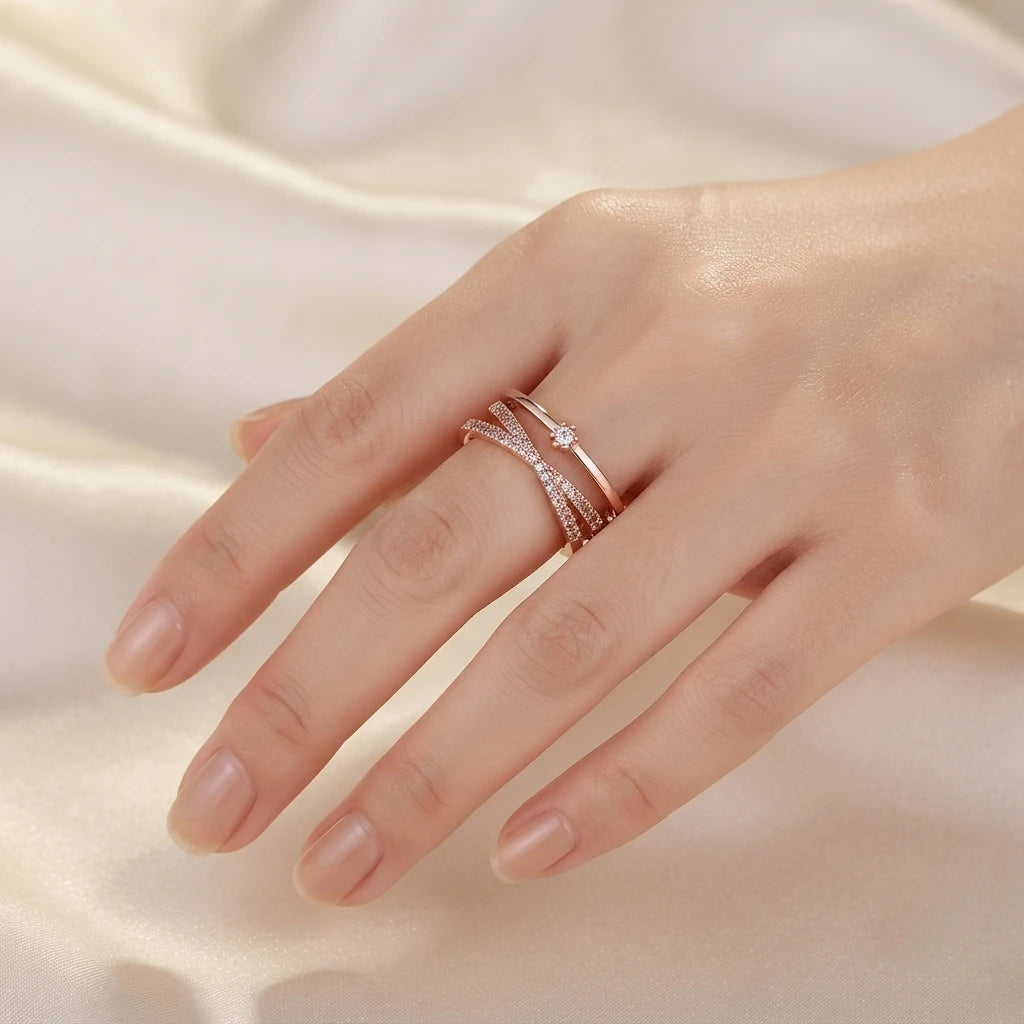 Aarnikaa Rose Gold Plated Adjustable Layered Crystal Ring