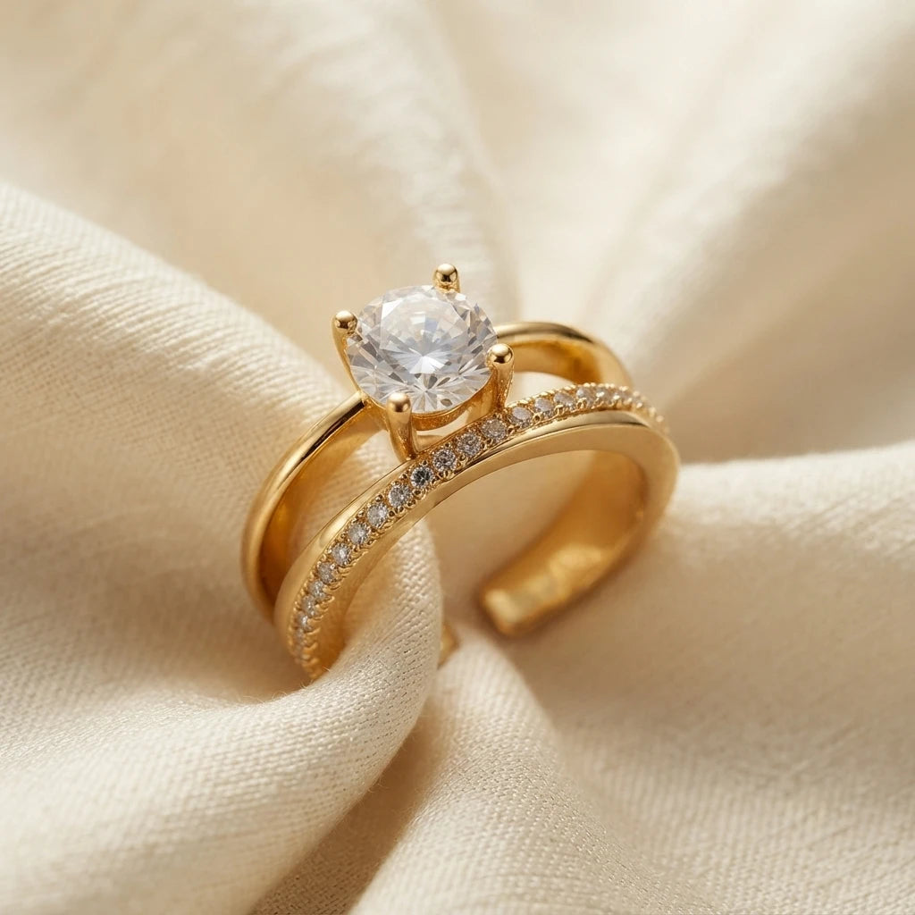 Aarnikaa Classic Gold Plated Solitaire Crystal Adjustable Ring
