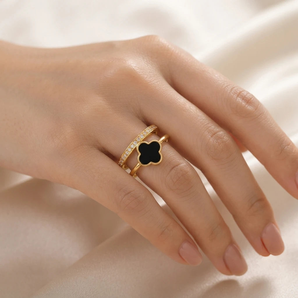 Aarnikaa Elegant Gold Plated Black Clover Crystal Adjustable Ring