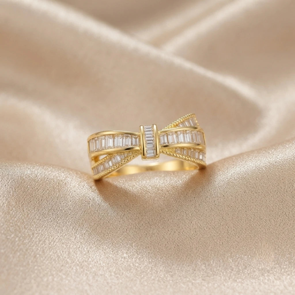 Aarnikaa Elegant Bow-Shaped Gold Plated Baguette Crystal Ring