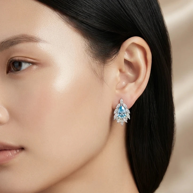 AARNIKAA Premium Aqua Blue Crystal Floral Stud Earrings | Luxury Statement Jewelry