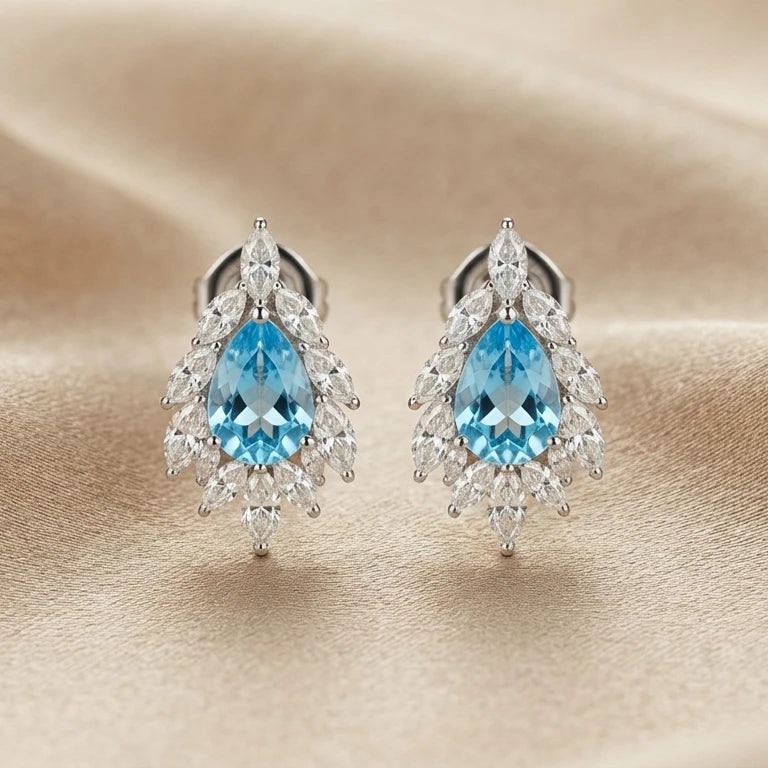 AARNIKAA Premium Aqua Blue Crystal Floral Stud Earrings | Luxury Statement Jewelry