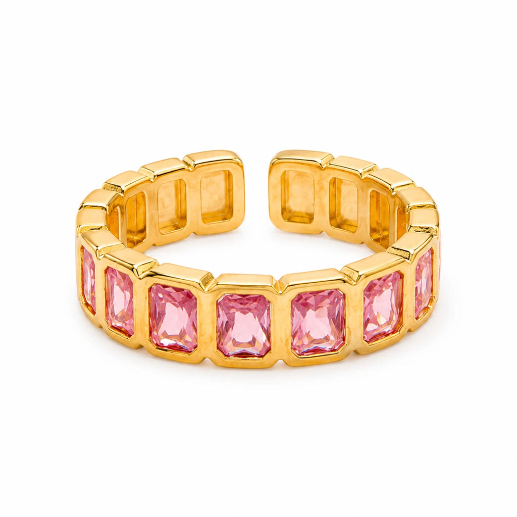 AARNIKAA Gold Plated Emerald-Cut Pink Stone Band Ring | Adjustable Anti-Tarnish Stackable Ring