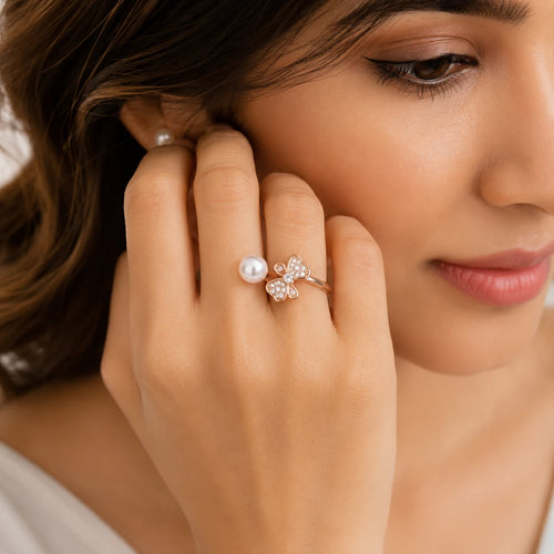 Aarnikaa Elegant Rose Gold Plated Pearl and Bow Crystal Adjustable Ring