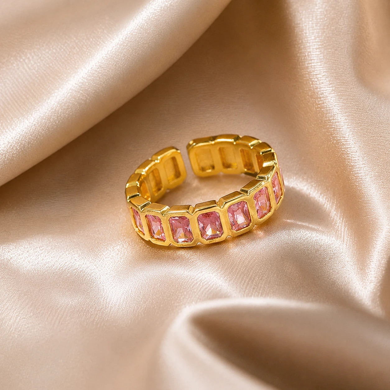 AARNIKAA Gold Plated Emerald-Cut Pink Stone Band Ring | Adjustable Anti-Tarnish Stackable Ring