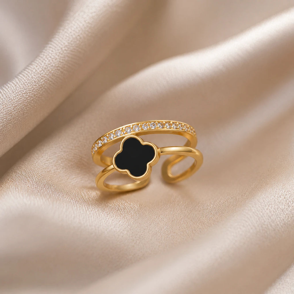Aarnikaa Elegant Gold Plated Black Clover Crystal Adjustable Ring