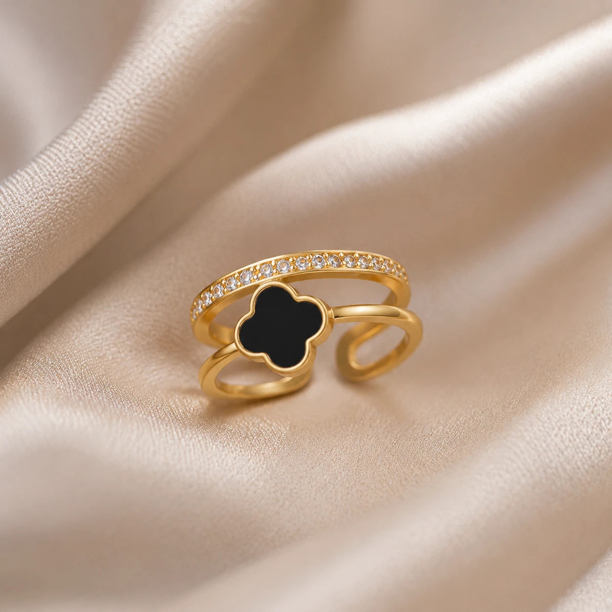 Aarnikaa Elegant Gold Plated Black Clover Crystal Adjustable Ring