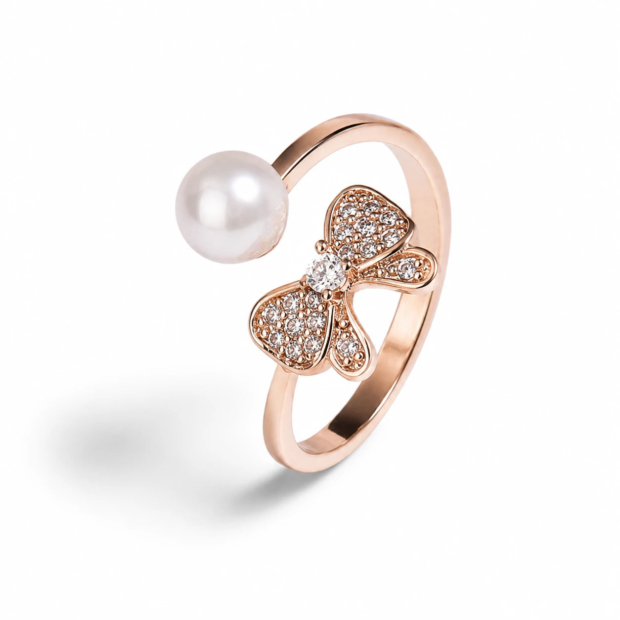 Aarnikaa Elegant Rose Gold Plated Pearl and Bow Crystal Adjustable Ring