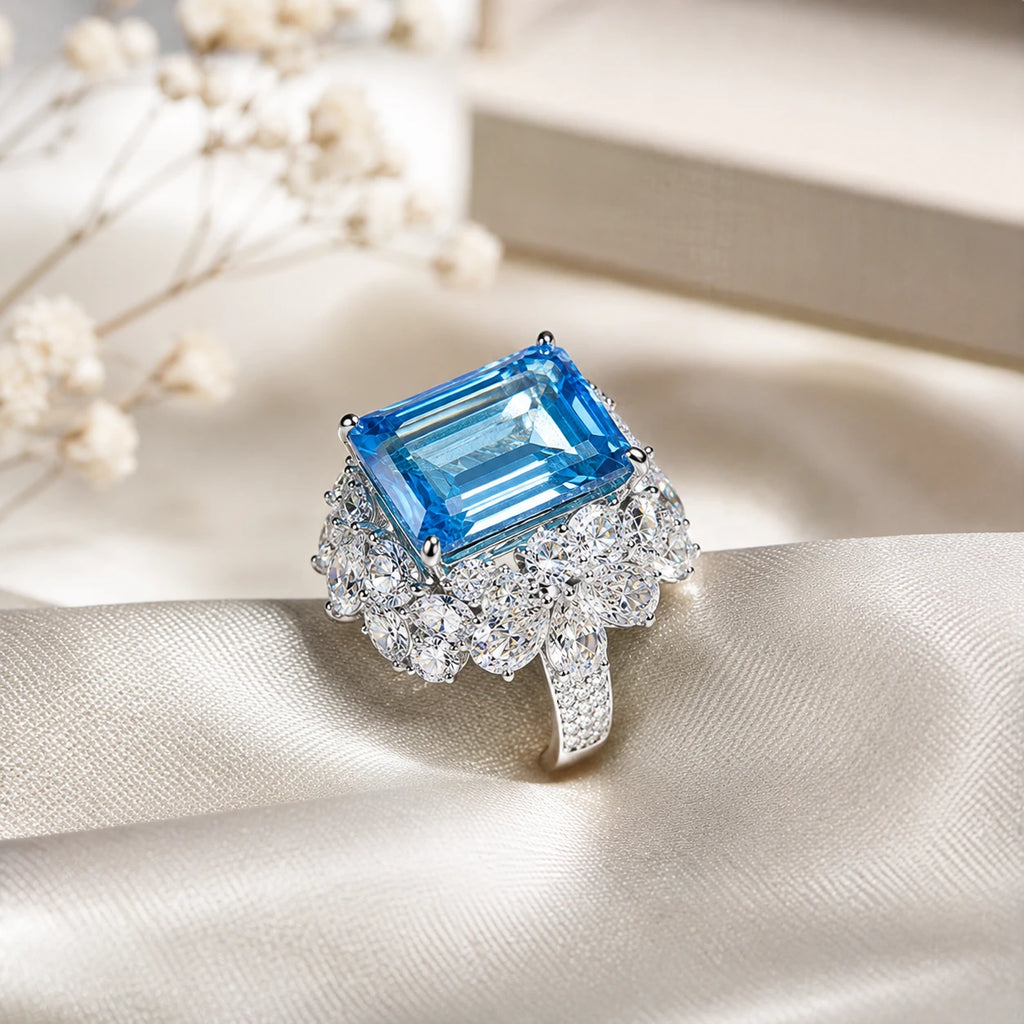 AARNIKAA Emerald-Cut Blue Stone Band Ring | Silver Plated Anti-Tarnish Contemporary Jewelry