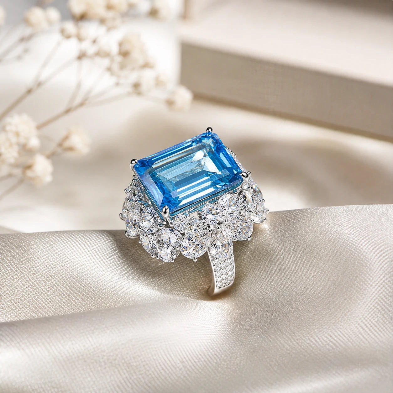 AARNIKAA Emerald-Cut Blue Stone Band Ring | Silver Plated Anti-Tarnish Contemporary Jewelry