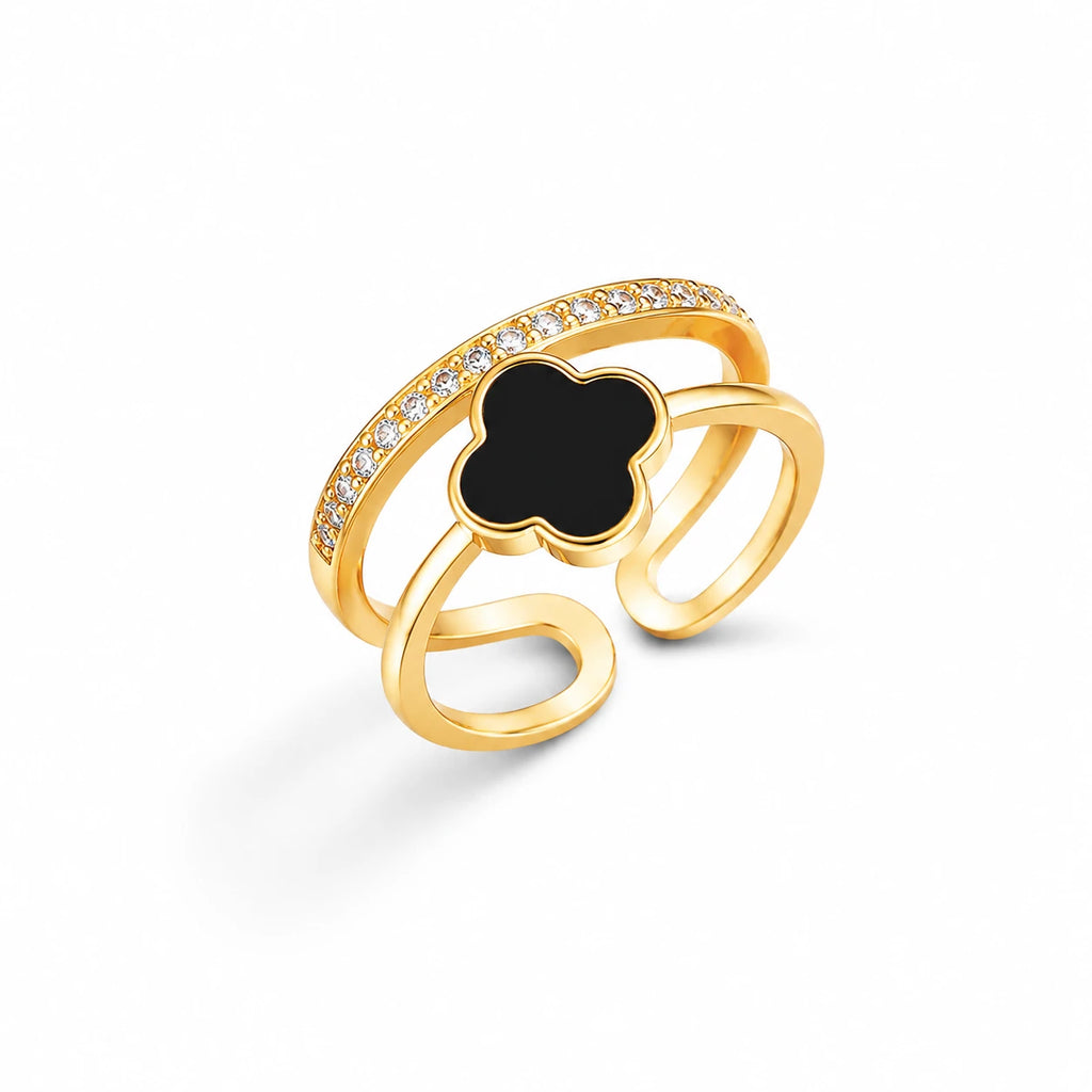 Aarnikaa Elegant Gold Plated Black Clover Crystal Adjustable Ring