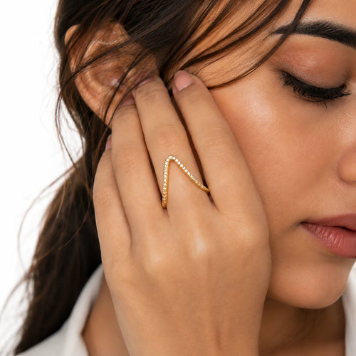 Aarnikaa Elegant V-Shaped Gold Plated Diamond Ring for Women