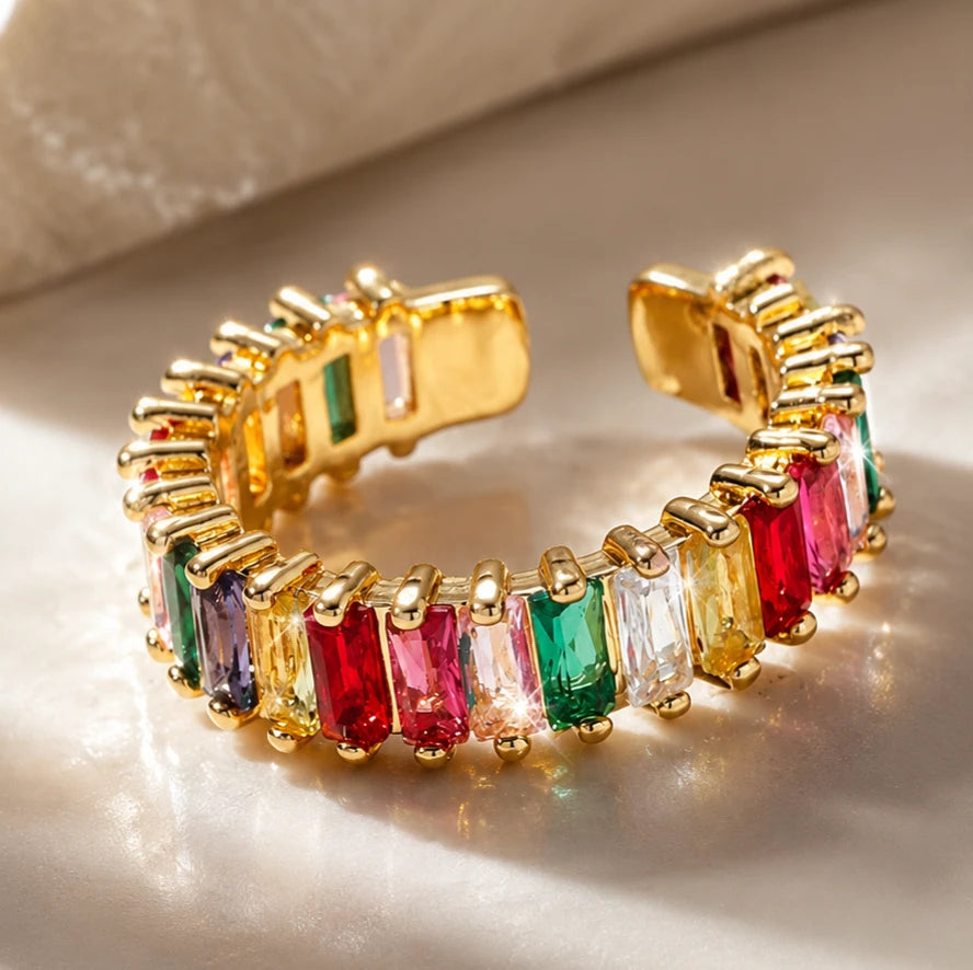 AARNIKAA Multicolor Baguette Stone Band Ring | Gold Plated Adjustable Anti-Tarnish Ring
