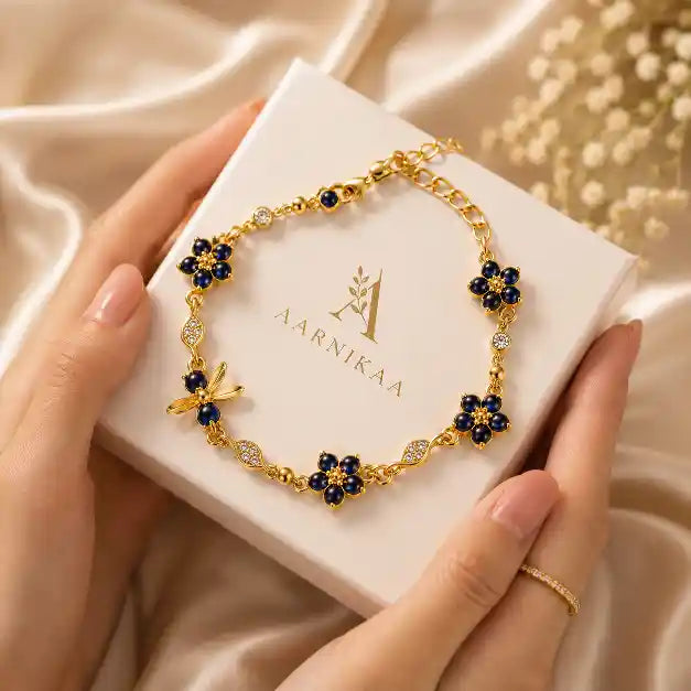 Dainty Gold-Plated Stainless Steel Blue Flower & Bee Bracelet, Elegant Nature-Inspired