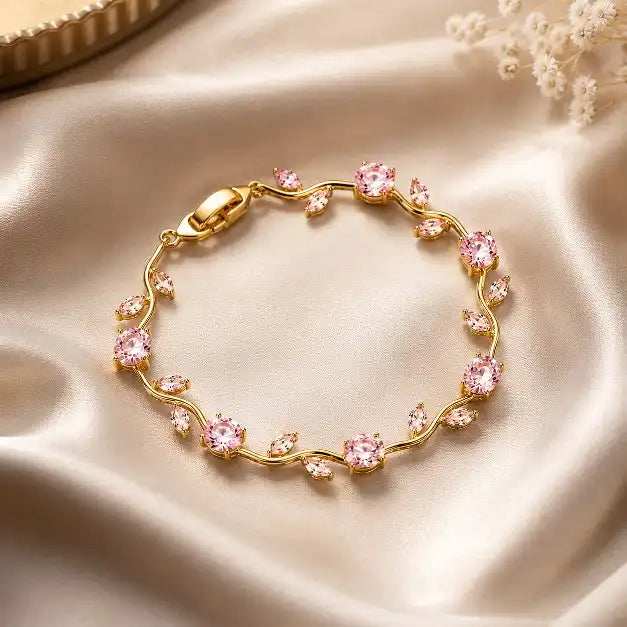 Dainty Gold-Plated Stainless Steel Pink Cubic Zirconia Leaf Vine Bracelet, Elegant Crystal