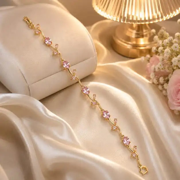 Dainty Gold-Plated Stainless Steel Pink Cubic Zirconia Leaf Vine Bracelet, Elegant Crystal