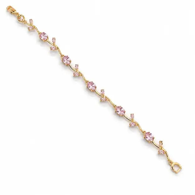 Dainty Gold-Plated Stainless Steel Pink Cubic Zirconia Leaf Vine Bracelet, Elegant Crystal